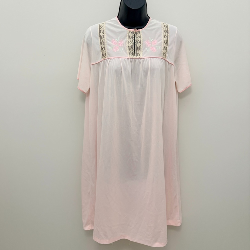 Vintage Nightgown Floral Lace Embroidered Pink Babydoll Sleepwear L37 W19